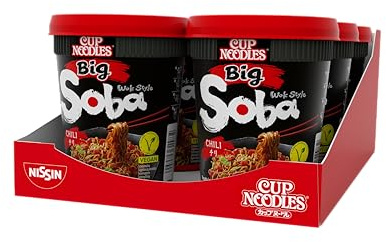 Nissin Cup Noodles Soba Big - Paquete de 6 fideos instantáneos estilo wok estilo japonés, con salsa de chile, vainas y verduras, preparación rápida en taza, comida asiática, porción grande (6 x 115 g)