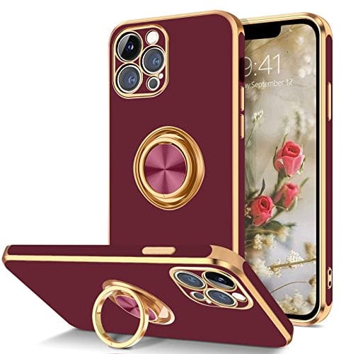DOMAVER Case for iPhone 12 Pro with 360° Ring Holder, Shockproof Slim Kickstand Magnetic Support Car Mount Women Men Non-Slip Protective Phone Case for iPhone 12 Pro Max 6.7, Wine Red/Gold