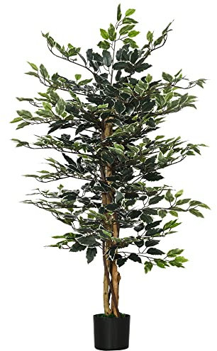 HOMCOM Pianta Artificiale di Fico da 130 cm a 702 Foglie e 3 Tronchi con Vaso Ø15x12.5 cm, per Interni, Verde e Bianco
