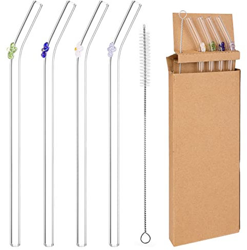 Glass Straws Reusable, 4pcs Bent With Cleaning Brush, Clear With Flowers for Smoothie, Milk, Coffee, Cocktail, Water, Juice