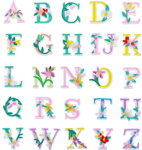 52 Stück Buchstaben zum Aufbügeln A-Z Blume Bestickte Alphabet Aufnäher Glitzer Buchstaben Schriftzug zum Aufbügeln Genähte Stickerei Aufnäher Kleidung Patches zum Aufbügeln