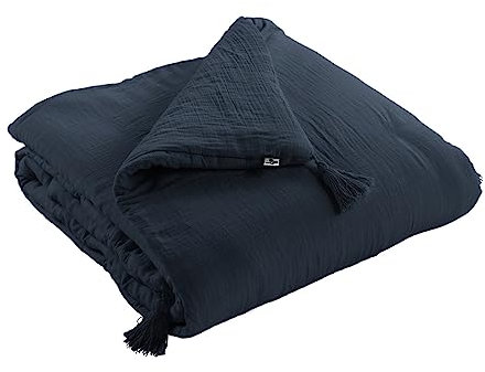 Mylittlebed Edredon Dessus de lit L’Effet Papillon 90x200 cm – Chemin de lit 100% Gaze de Coton avec Finition Pompons [ Dessus de Lits et Couvre-Lits ] (Bleu Nuit)