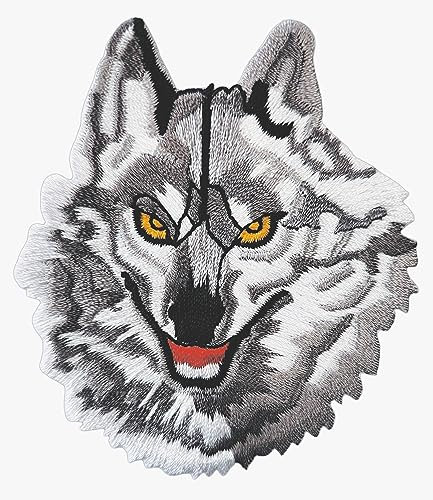 Wolf Grau Hund Kopf Aufnäher zum aufbügeln oder aufnähen Bügelbild Aufbügler für Kleidung gestickter Bügelpatch Applikation Patch Größe 8,0 x 7,0 cm