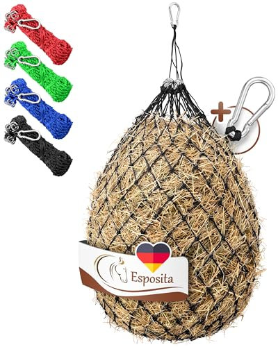 Esposita Heunetz für Pferde groß, Heusack, Heunetz engmaschig 5x5 cm Schwarz mit Ringen und Karabinerhaken, Heunetz Pferd Heusack für Pferde