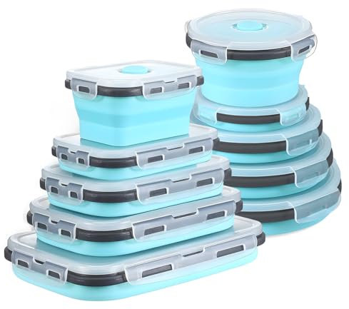 GOUWEIBA 10 piezas Recipientes Plegables para Alimentos, de Silicona Plegable, para Almuerzo, de Silicona, con Tapas para Nevera, Microondas, Lavavajillas