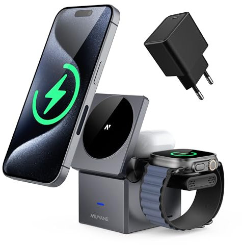 3 in 1 Wireless Charging Station,15W Fast MagSafe Charging Stand, Foldable Magnetic Wireless Charger for Apple Devices iPhone 16/15/14/13/12 Series, AirPods Pro 4/3/2, Apple Watch Series/ultra