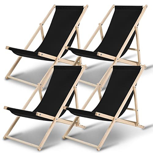 Ansobea Juego de 4 tumbonas plegables de madera, plegables, 120 kg máximo, ajustables, resistentes a la intemperie, de madera, para camping, balcón, piscina, color negro, 4 unidades