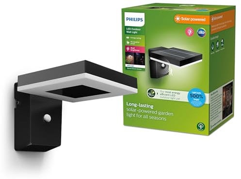 Philips Outdoor Ultra-Efficient Solar Zonal Wandleuchte 1.3W, Tageslicht- und Bewegungssensor, eckig, 3000 Kelvin, energiesparend, schwarz