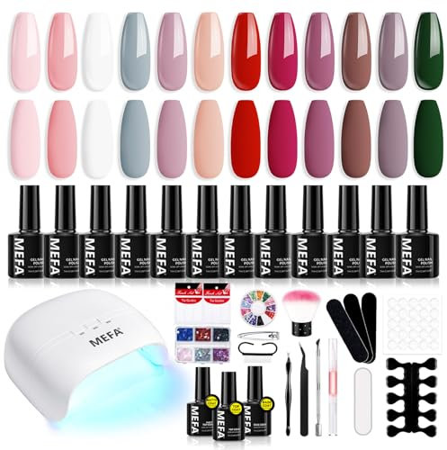 MEFA 34 Pcs Gel Nail Kit with 48W UV Lamp, 12 Colors Nude Pink Red Brown Gel Nail Polish Kit with Matte Glossy Gel Top Base Coat Manicure Tools Nail Art Decorations DIY Salon Home