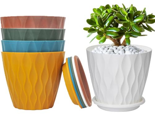 Aeetial 6 inch Plant Pots 5 Packs Plastic Flower Pots, Heavy Duty Planter Holder Pots with Drainage Holes & Saucers for Indoor/Outdoor Plants, Flowers (5 Colors)