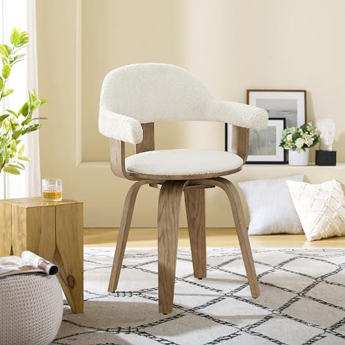 Zouron Chaise de Salle à Manger(Polyester),Chaise pivotante,Fauteuil Moderne avec Pieds en Bois Massif,Fauteuil de Salon avec Dossier, Chaise de Cuisine, Chaise de Bureau,White