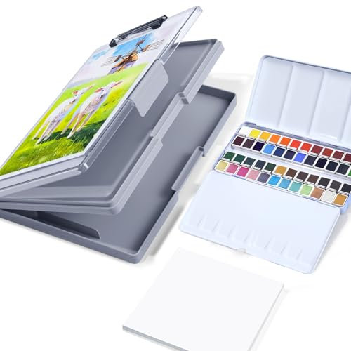 MeiLiang Lot de 48 peintures aquarelles + papier aquarelle en coton 19 x 19 cm (20 feuilles) + boîte de rangement en plastique (gris), kit aquarelle de voyage pour artistes, débutants