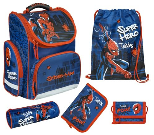 Undercover Schultasche Spider-Man Set 5-TLG - Personalisierter Inhalt Turnbeutel Geldbeutel Federmappe mit Name - Schulranzen 1. Klasse Jungen