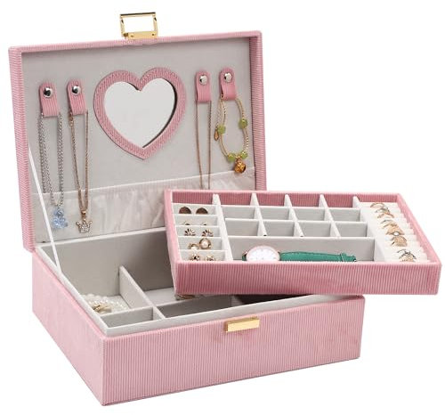 Dajasan Portagioie Donna, Porta Gioie Ragazza, 2 Livelli Porta Gioie Grande in Velluto, Scatola Gioielli, Confezione Regalo Gioielli per Natale, Compleanno, Capodanno (Rosa)