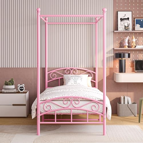 JURMERRY JELUTE 3ft Single Canopy Bed Frame, Pink, 90 x 190 cm