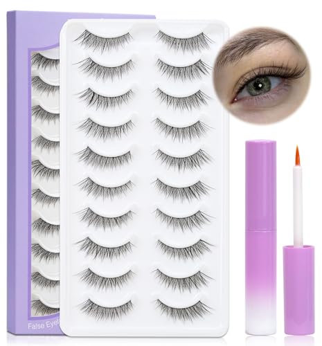 LZM Faux Cils Naturel avec Colle Bande Transparente Minces 10 Paires 3D Faux Cils Reutilisable Kit de Faux Cils Moelleux faits à la main Fluffy False Eyelashes (YY01)
