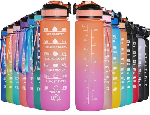 Bottiglia Acqua 1 Litro,GeeRic 1000ML Borraccia Sportiva Portatile Bottiglia Sportiva Scala/Cannuccia/Indicatore Tempo Prova di Perdite Borraccia Bici 1L a Palestra,Scuola,Sport,Ciclismo Arancio/Rosa