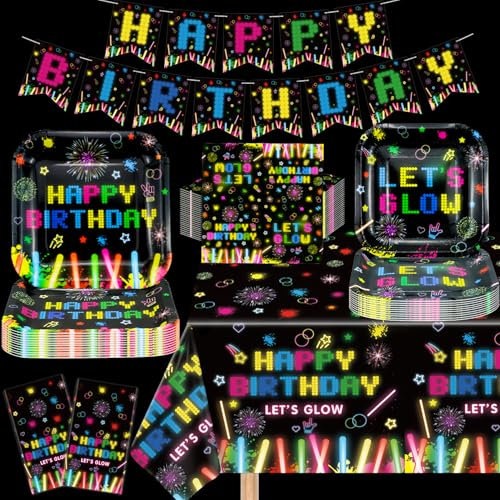 123 Pack Glow Neon Party Supplies Neon Glow Tableware Set Neon Glow in the Dark Birthday Banner Glow Themed Napkins for Blacklight Party Decoration Serves 40