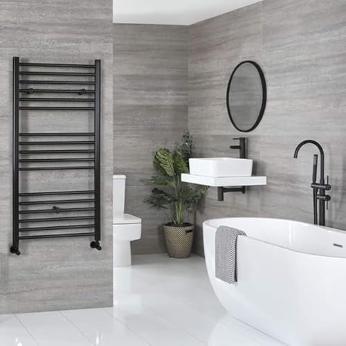 lynwood Towel Rail Heating Radiators Modern Bathroom Straight Ladder Warmer Round Inline Interior Central Heating Bathroom Towel Radiator (Matt Black, 1200 x 600)