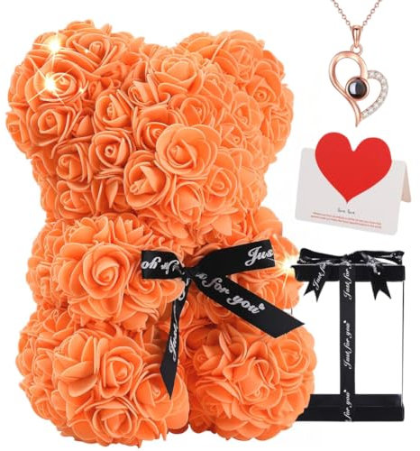 Rose Bear Gift, 10 Inch Artificial Flower Rose Teddy Bear with Gift Box, for Anniversary, Valentine's Day, Wedding, Birthday, Romantic Gift for Her (Orange)