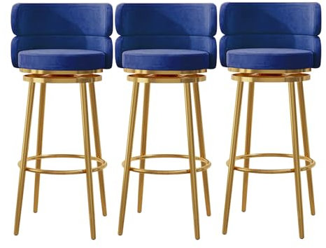 Lot de 3 tabourets de bar rembourrés en velours bleu de 65 cm de haut, chaises de comptoir pivotantes avec repose-pieds et pieds en métal doré