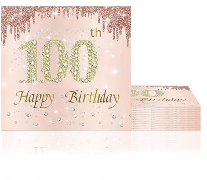 20 Stück Servietten 100. Geburtstag Frau, 33x33cm Rose Servietten 100, 2-Lagig Cocktail Serviette für Geburtstagsdeko 100 Jahr