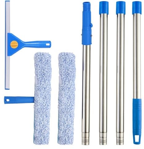 Limpiador de ventanas de 1,5 m con mango largo, extractor de ventanas de 35 cm y limpiador de ventana de 38 cm como juego combinado, juego profesional de limpieza de ventanas para cristal, limpieza de