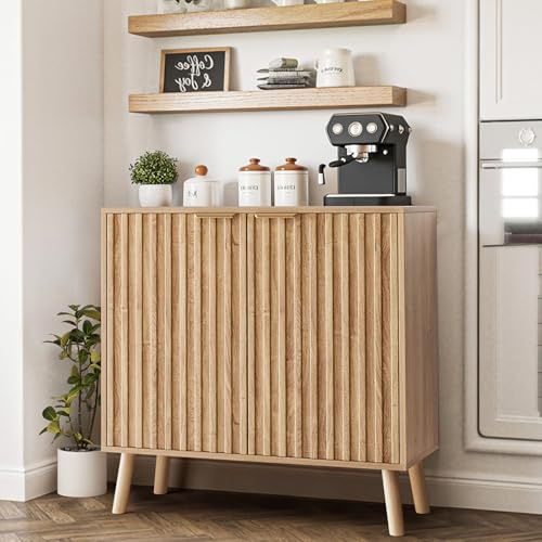 Pamapic Geriffelter Aufbewahrungsschrank, Sideboard, Buffetschrank mit Stauraum, Buffet-Sideboard, Konsolentisch, Credenza, Modularer Organizer aus Holz mit Türen und Regal (Eiche)