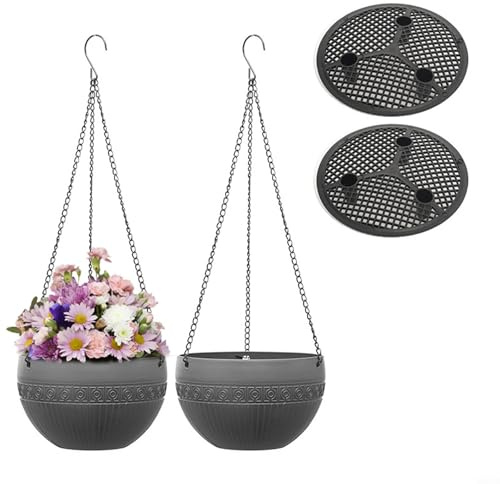 Aprilsunnyzone 2 Pack Hanging Plant Basket Outdoor Flower Pots with Drainage Holes for Balcony Garden Porch Decorative(M Gray)