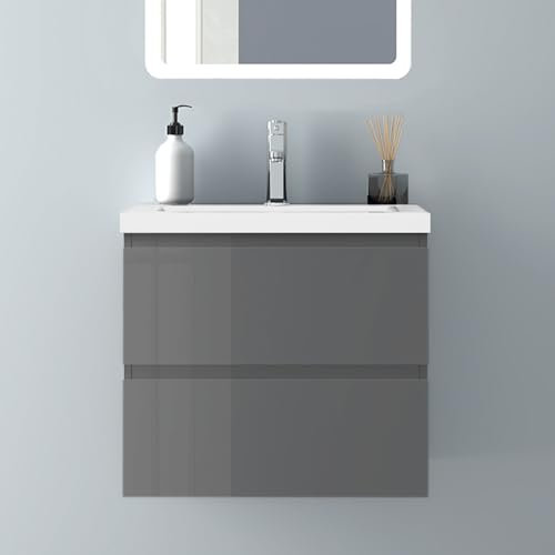 Biubiubath Badezimmermöbel 60cm Keramik Waschtisch mit Unterschrank Badmöbel Set Badezimmerschränke mit 2 Soft-Close Schubladen Hochglanz Dunkelgrau