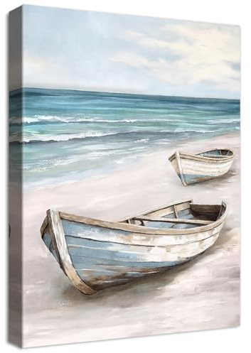 Boot Blau Weißes Meer Leinwand Bilder Mit Rahmen Sandstrand Bilder Boot Küste Bild Blick auf das Meer Wandbilder Wandkunst Kunstdruck auf Leinwand Malerei Wohnzimmer Schlafzimmer Wanddekor 40x60cm