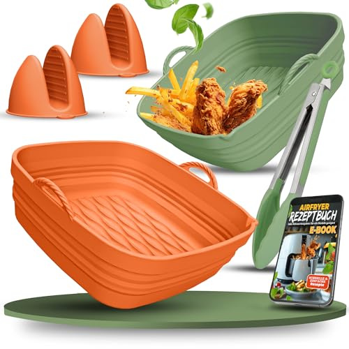 KNUSPERLIEBE Silicone Mould Set Foldable & Extra Thick for Hot Air Fryers from 3.7L-8L with Accessories | Airfryer Silicone Insert, BPA-Free, for Ninja SL400, Phillips, Cosori