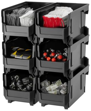 VEVOR Plastic Stackable Storage Bins, 14.8 x 8.5 x 7.1 inch (6 Pack), Plastic Containers for Organizing and Storage Bins for Closet, Garage, Small Parts, Office Supplies and Other Accessories, Black