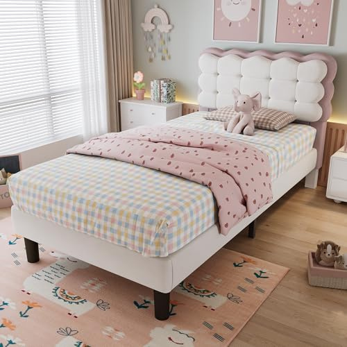 ModernLuxe Upholstered Single Bed with Biscuit-Shape Velvet Backrest, 3FT Kids Bed Frame with Sturdy Slatted Base, Soft Comfortable Headboard, Velvet and Plywood Construction, Beige and Pink, 90×190cm