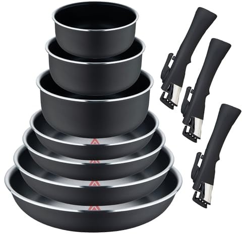Click&Cook Set mit 4 Pfannen Ø 22 Ø 24 Ø 26 Ø 28 cm + 3 Stieltöpfe Ø 16 Ø 18 Ø 20 cm + 3 abnehmbare Griffe - Heat Dot aus gepresstem Aluminium, Schwarz Bergner
