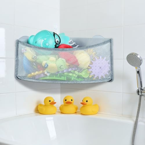AOOWU Badewannenspielzeug Aufbewahrung für die Eckwand, Badezimmer Organizer für Baby Badespielzeug, Faltbar Badespielzeug-Netz mit 2 Saugnapf, Badespielzeugablage, Aufbewahrung und Sortierung