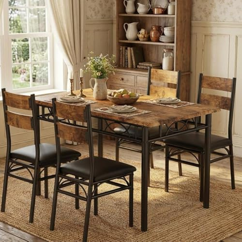 5-Teilige Essgruppe Für 4 Personen,Rechteckiger Esstisch Im Industrie-Stil Aus Holz Mit 4 Gepolsterten Hochlehner-Stühlen, Stabiler Metallrahmen, Ideal Für Küche, Apartment Oder Kleine Räume
