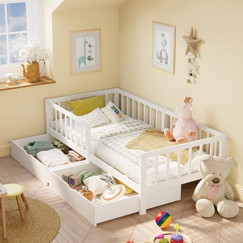 Xbro Lit Enfant 100x200 cm, avec Tiroirs, Barrière Anti-Chute Complète, Sommier Inclus, Mixte Garçon et Fille, Montage Facile, Couleur Blanc