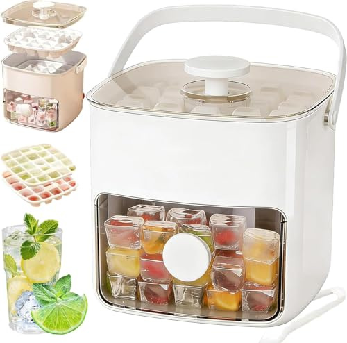 48 Cube Ice Maker with Easy Press Lid, Upgraded Press-Type Ice Cube Tray with Storage Bin & Lid, Double-Deck Ice Maker Box, Easy Release Silicone Trays for Freezer, DIY Drinks (White)