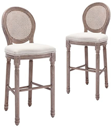 Kaloriko Lot de 2 tabourets de bar en lin blanc avec dossier et repose-pieds, bois massif et rotin, 48 x 52 x 123 cm, tabouret de comptoir pour cuisine, salle à manger, bar, comptoir, chaise de bar