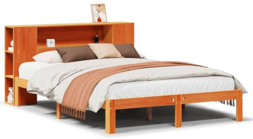 QJBSAVVA Massivholzbett 140x200 cm mit Bücherregal Kopfteil, Bettgestell aus Kiefernholz massiv mit Lattenrost, Stauraumbett ohne Matratze für Schlafzimmer, Wachsbraun