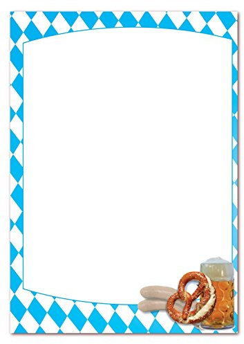 Motivpapier Briefpapier (Bayern-5175, DIN A4, 100 Blatt) - bayrische Fahne blaue Rauten mit Weißwurst, Brezel und Maß Bier