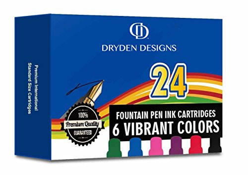 Dryden Designs Fountain Pen Ink Cartridges - Assorted Colors: Black, Blue, Green, Purple, Red, Pink - Short International Standard Size - Disposable and Generic Ink Refill Cartridges