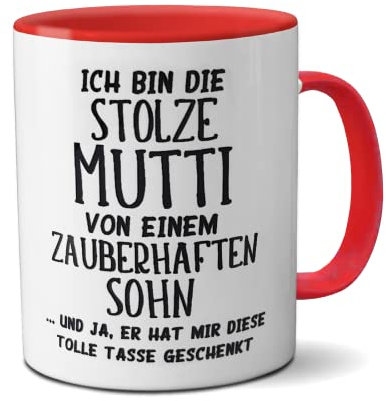 Kinderlampenland Tasse Muttertag Mutti mit Spruch Ich Bin stolze Mutti Sohn Geschenk Geburtstag Teetasse Farbe rot/weiß