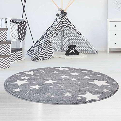 carpet city Kinderteppiche Sterne Motiv Grau 120x120 cm Rund Glanzgarn Spielteppich