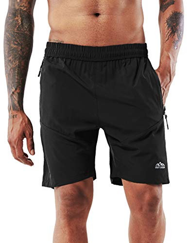 YAWHO Herren Sporthose Kurz Hose Laufshorts Trainingsshorts Schnelltrocknend mit Reißverschlusstasche/Jogging Hose für Workout,Laufsport,Fitness (Black, L)