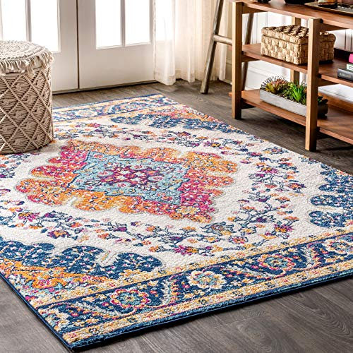 JONATHAN Y BMF106A-8 Bohemian Flair Boho Vintage Medaillon Teppich Floral, pflegeleicht, Schlafzimmer, Küche, Wohnzimmer, Nicht fusselnd, 240 cm x 300 cm, Blau/Multi