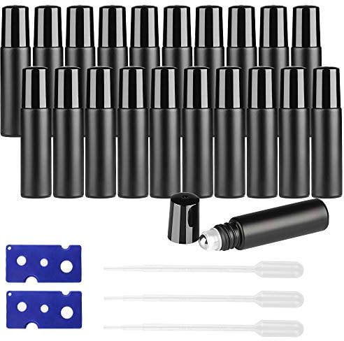 Tomorotec 20PCS Roller Bottles 10mL Essential Oil Ultra Thick Matte Black Frosted Glass (2 Openers+3 Pipettes Value Pack), Stainless Steel Roller Balls w/Black Cap
