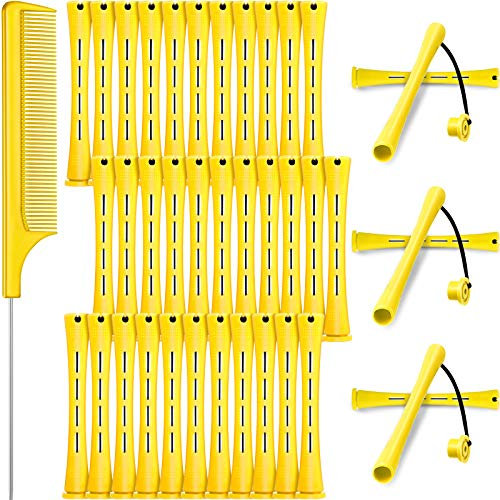 36 Stücke Kalte Welle Rod, Haarwelle Stangen Haarrollen Perming Rods Lockenwickler mit Stahl Ratten Schwanzkamm für Friseur Styling (0,28 Zoll, Gelb)