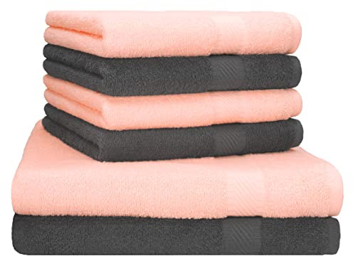 Betz 6er Handtuch Set Palermo 2 Stück Duschtücher 70x140 cm 4 Stück Handtücher 50x100 cm Liegetuch Saunatuch - anthrazit - apricot